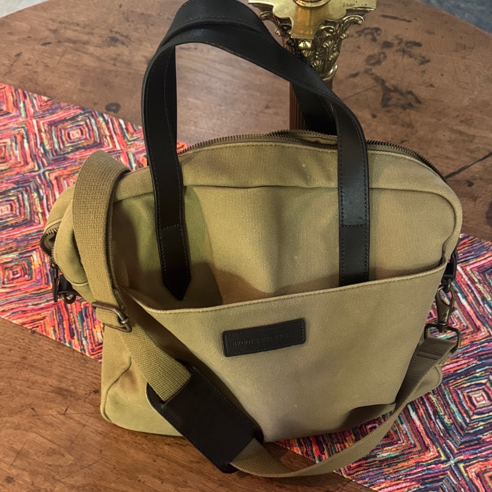 Brooks Brothers Olive Canvas Messenger Bag with Black Leather Handles